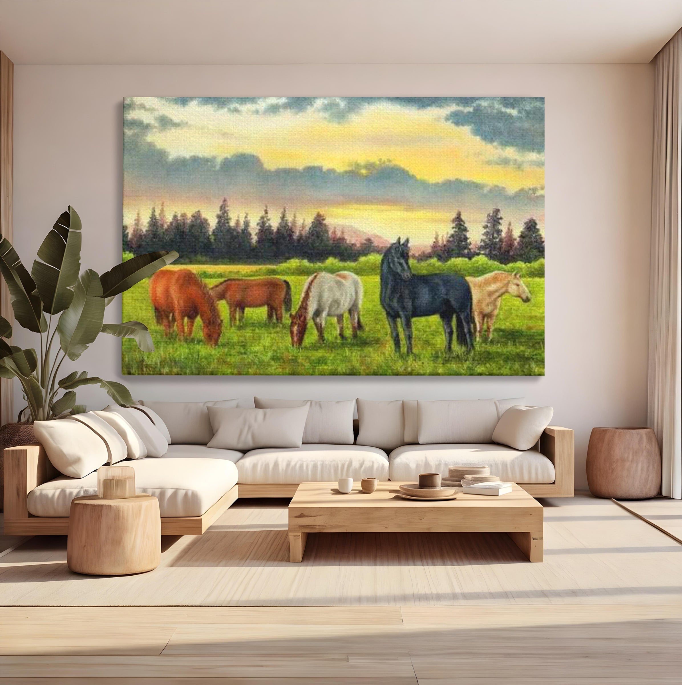 Tablou Canvas Premium LuxCanva® MI001, Cai In Apus Pastoral, Cai, Peisaj, Apus, Natura, Living, Dormitor, Culori Vibrante