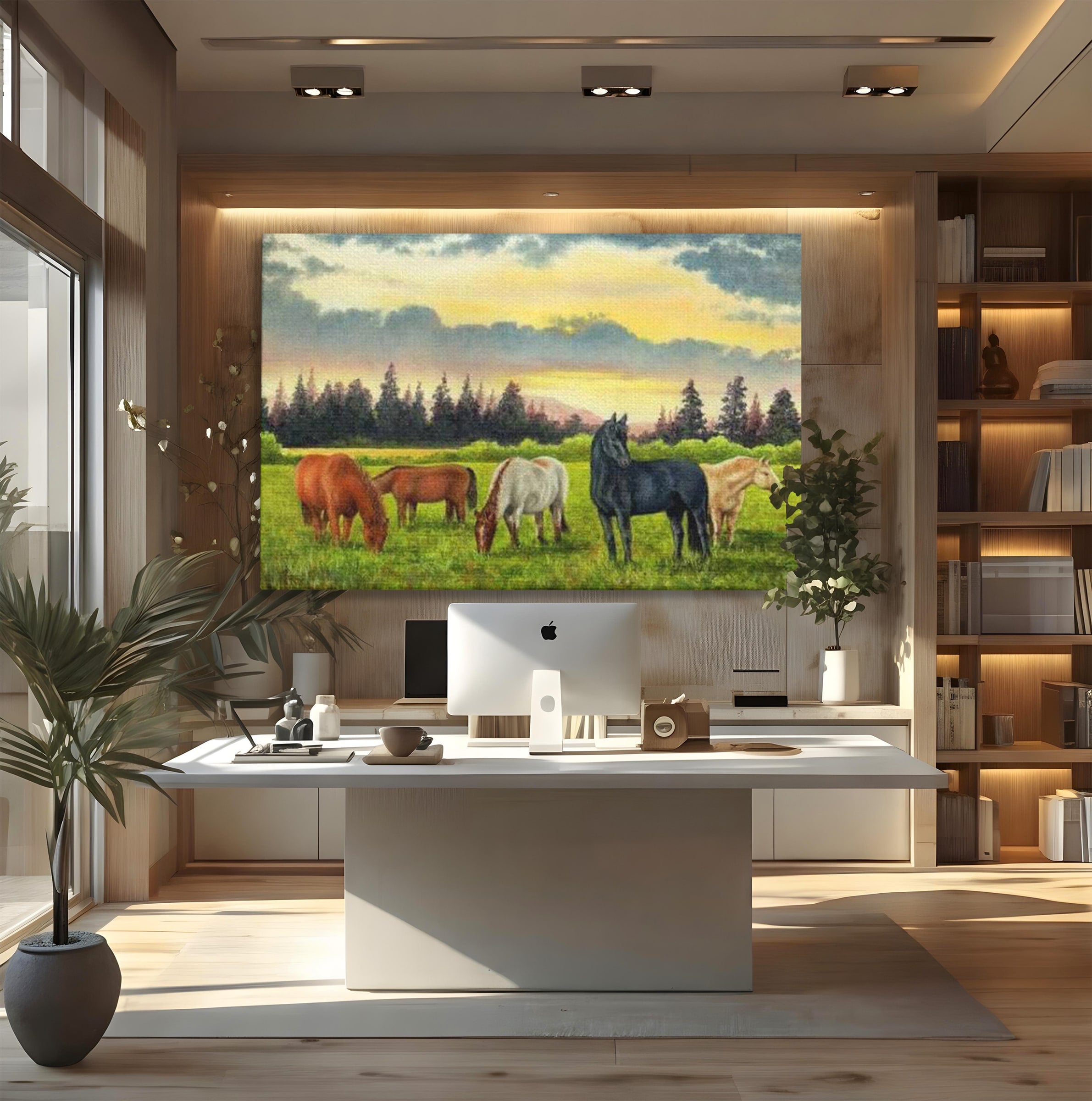 Tablou Canvas Premium LuxCanva® MI001, Cai In Apus Pastoral, Cai, Peisaj, Apus, Natura, Living, Dormitor, Culori Vibrante