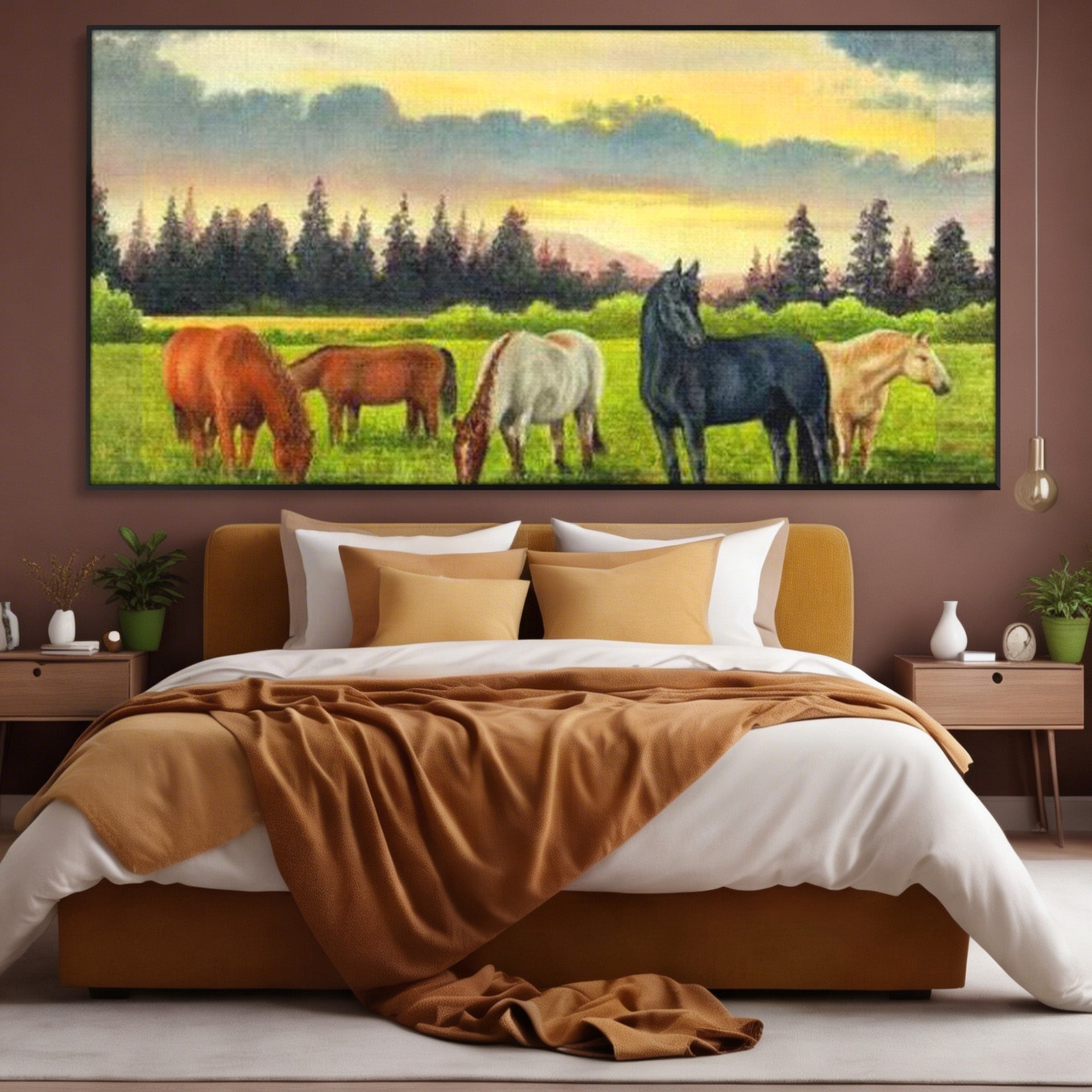 Tablou Canvas Premium LuxCanva® MI001, Cai In Apus Pastoral, Cai, Peisaj, Apus, Natura, Living, Dormitor, Culori Vibrante
