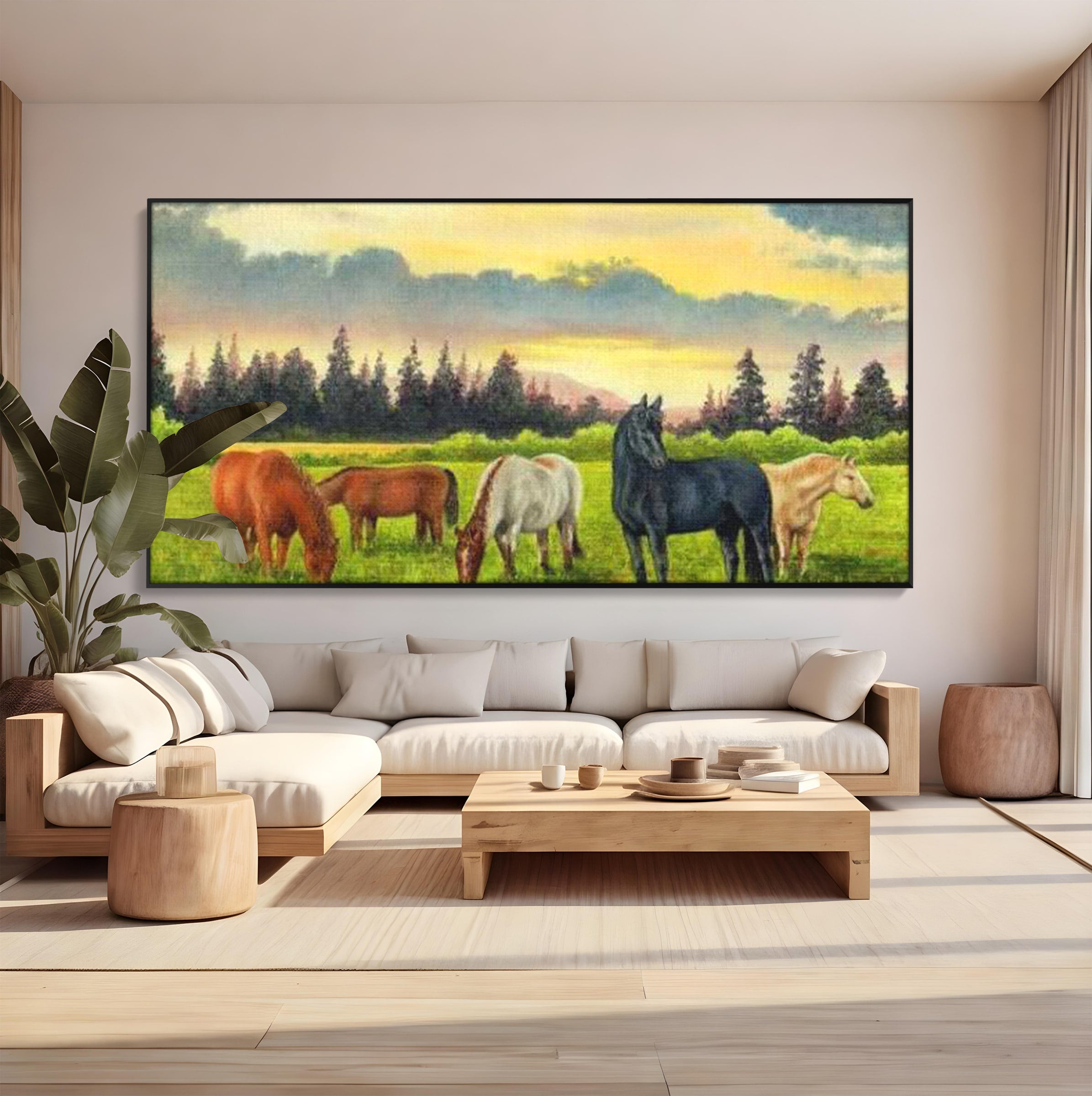 Tablou Canvas Premium LuxCanva® MI001, Cai In Apus Pastoral, Cai, Peisaj, Apus, Natura, Living, Dormitor, Culori Vibrante