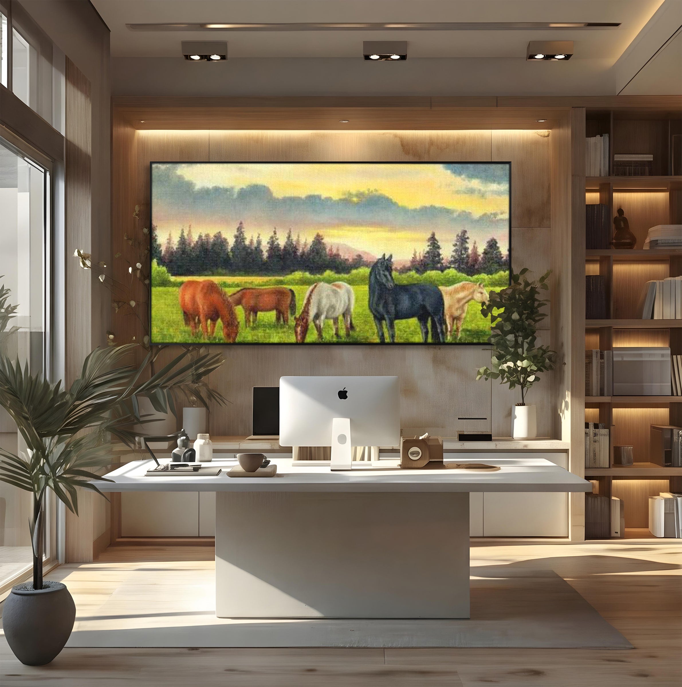 Tablou Canvas Premium LuxCanva® MI001, Cai In Apus Pastoral, Cai, Peisaj, Apus, Natura, Living, Dormitor, Culori Vibrante