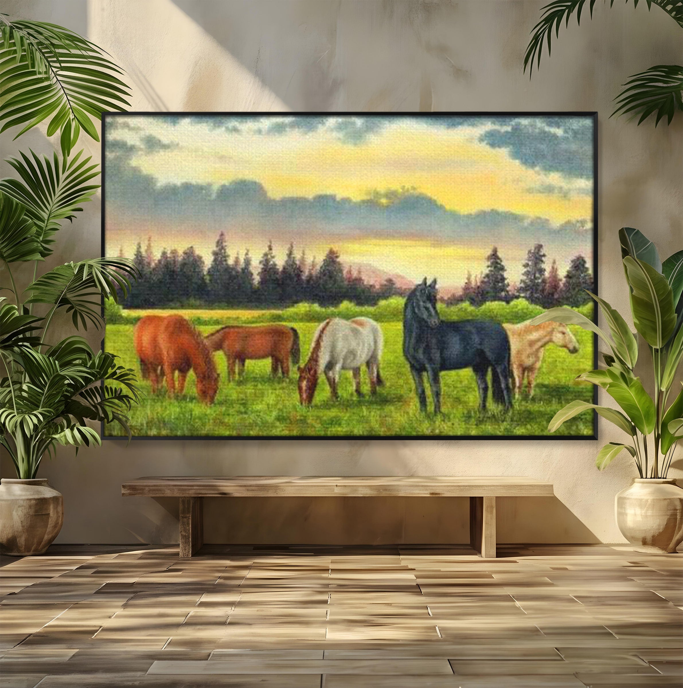 Tablou Canvas Premium LuxCanva® MI001, Cai In Apus Pastoral, Cai, Peisaj, Apus, Natura, Living, Dormitor, Culori Vibrante