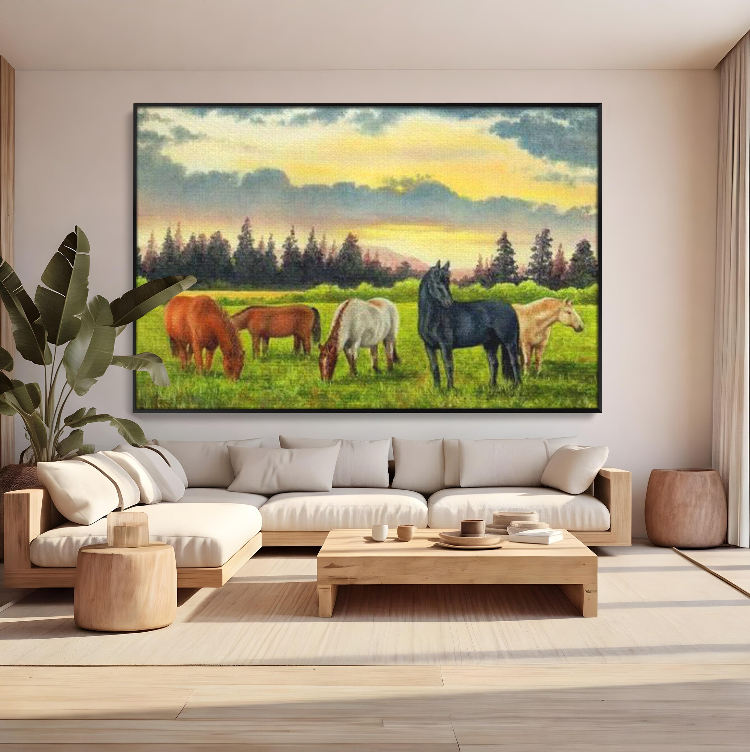 Tablou Canvas Premium LuxCanva® MI001, Cai In Apus Pastoral, Cai, Peisaj, Apus, Natura, Living, Dormitor, Culori Vibrante