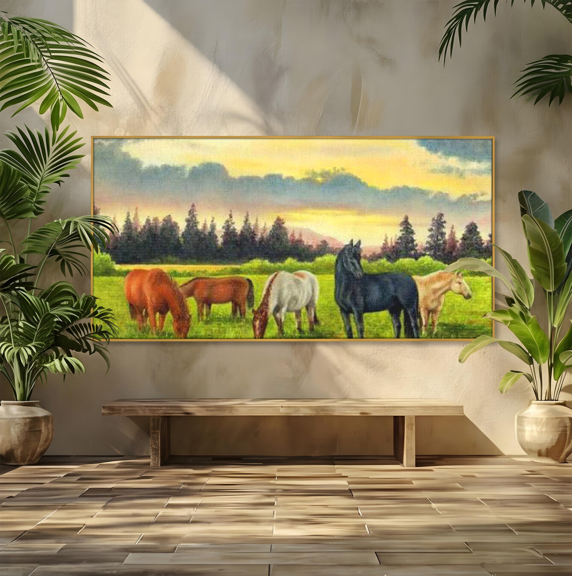 Tablou Canvas Premium LuxCanva® MI001, Cai In Apus Pastoral, Cai, Peisaj, Apus, Natura, Living, Dormitor, Culori Vibrante