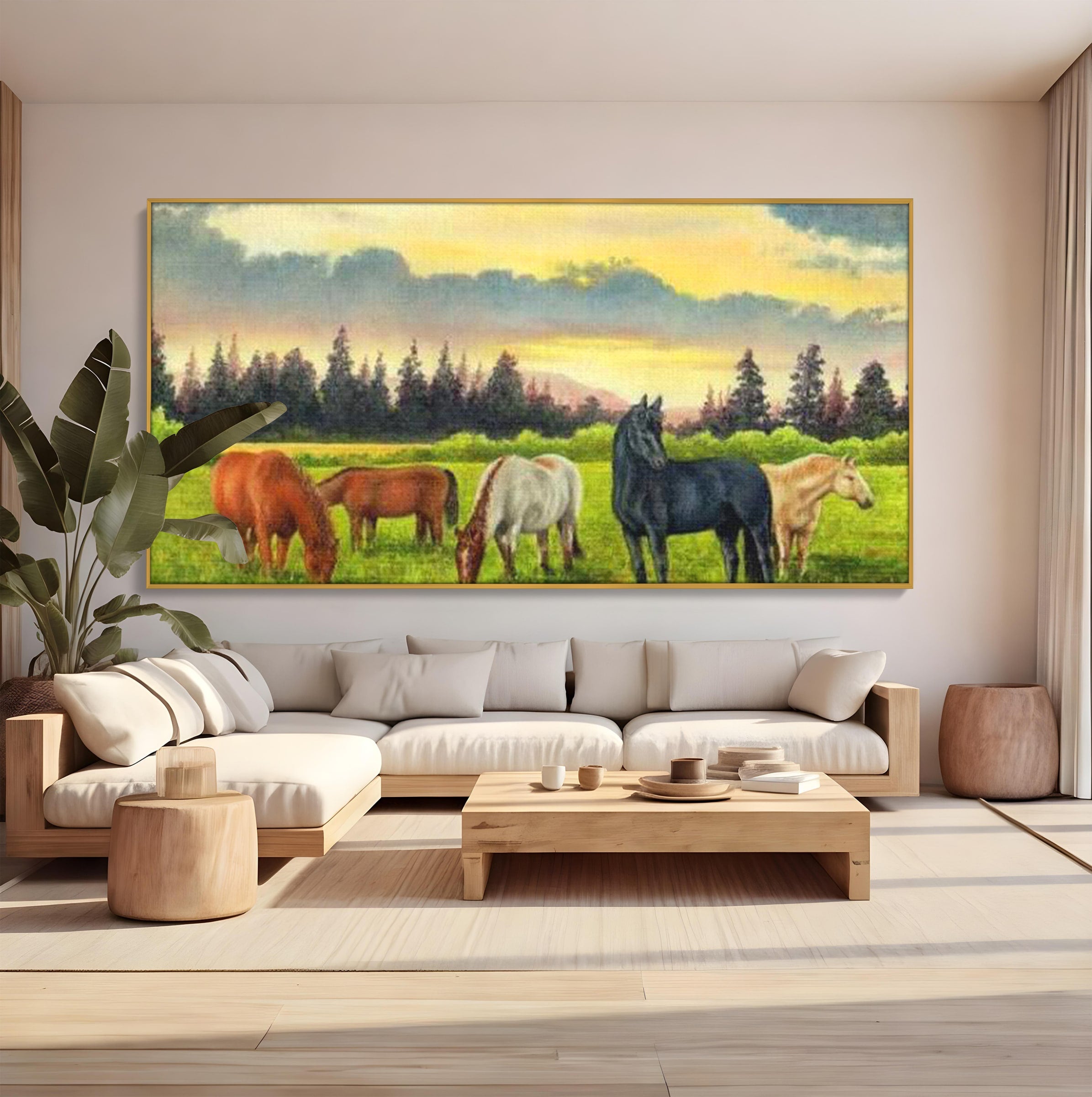 Tablou Canvas Premium LuxCanva® MI001, Cai In Apus Pastoral, Cai, Peisaj, Apus, Natura, Living, Dormitor, Culori Vibrante