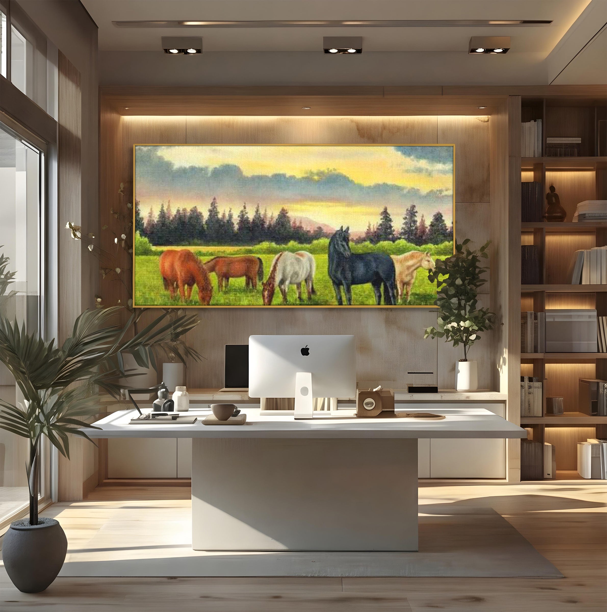 Tablou Canvas Premium LuxCanva® MI001, Cai In Apus Pastoral, Cai, Peisaj, Apus, Natura, Living, Dormitor, Culori Vibrante