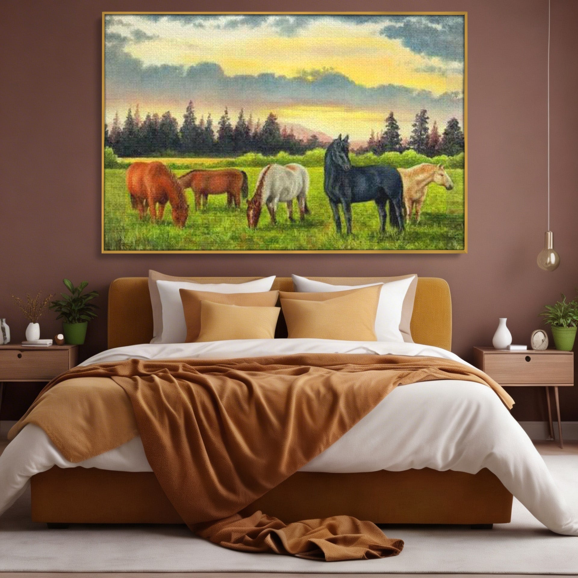 Tablou Canvas Premium LuxCanva® MI001, Cai In Apus Pastoral, Cai, Peisaj, Apus, Natura, Living, Dormitor, Culori Vibrante