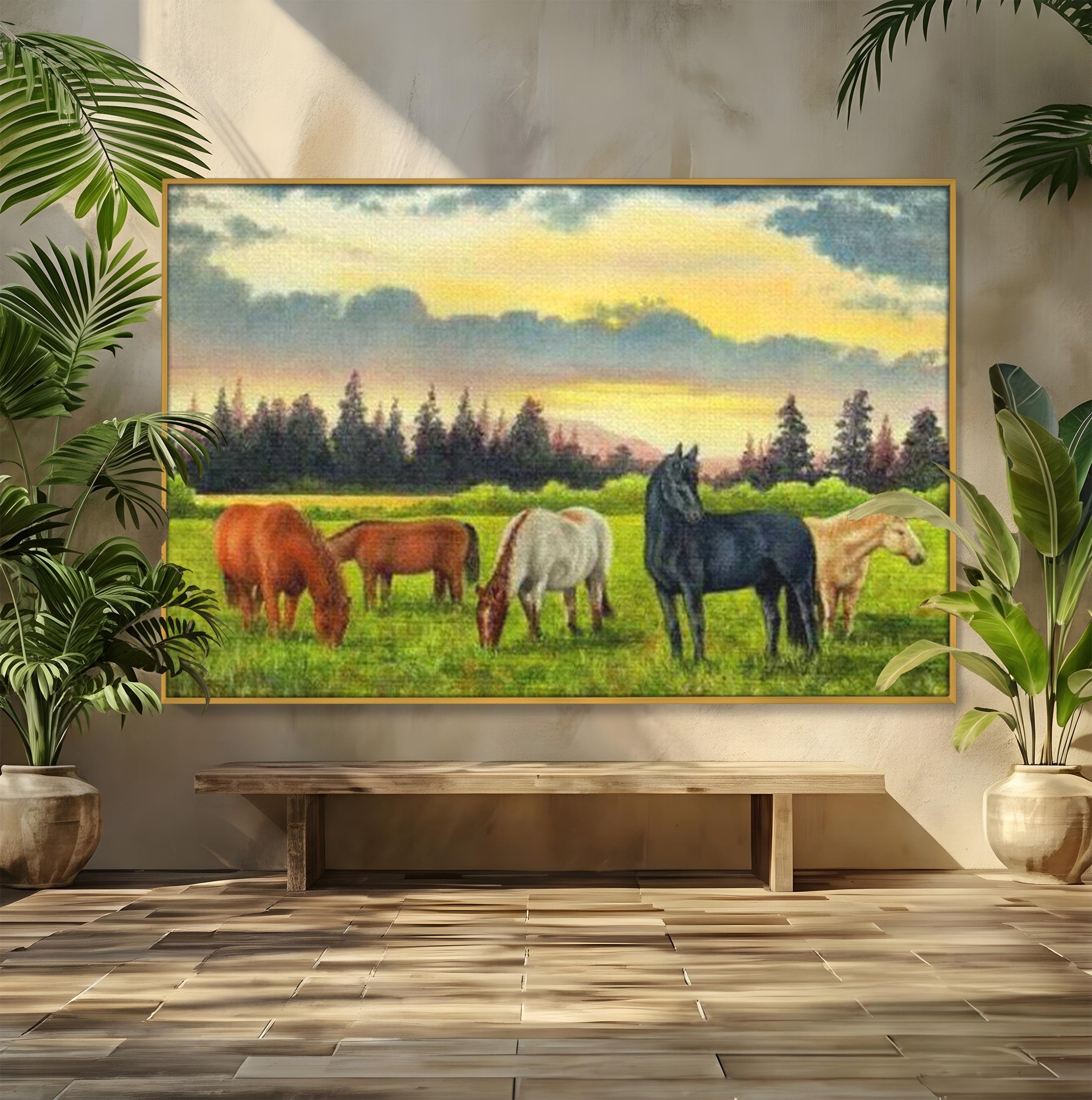 Tablou Canvas Premium LuxCanva® MI001, Cai In Apus Pastoral, Cai, Peisaj, Apus, Natura, Living, Dormitor, Culori Vibrante