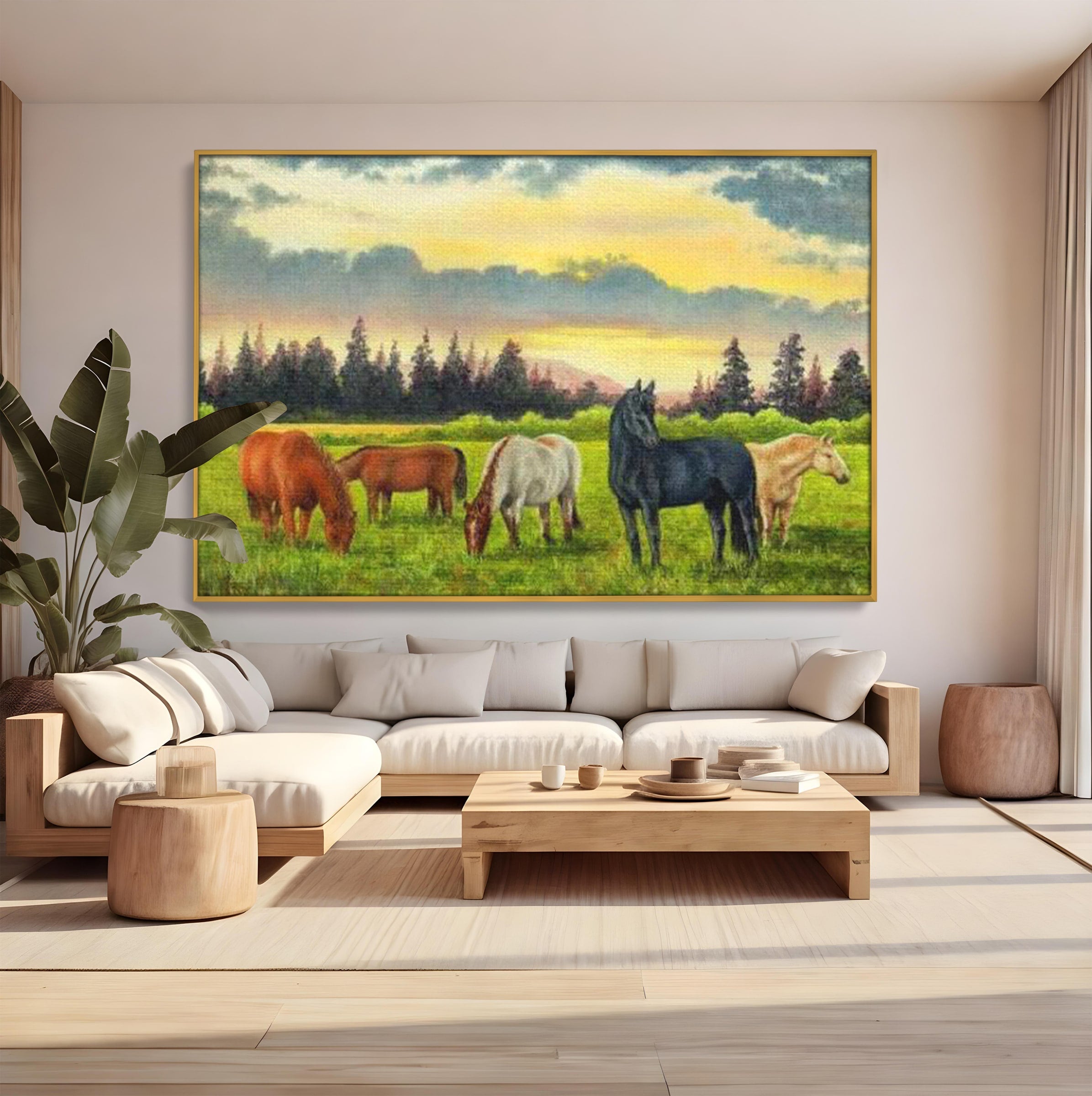 Tablou Canvas Premium LuxCanva® MI001, Cai In Apus Pastoral, Cai, Peisaj, Apus, Natura, Living, Dormitor, Culori Vibrante