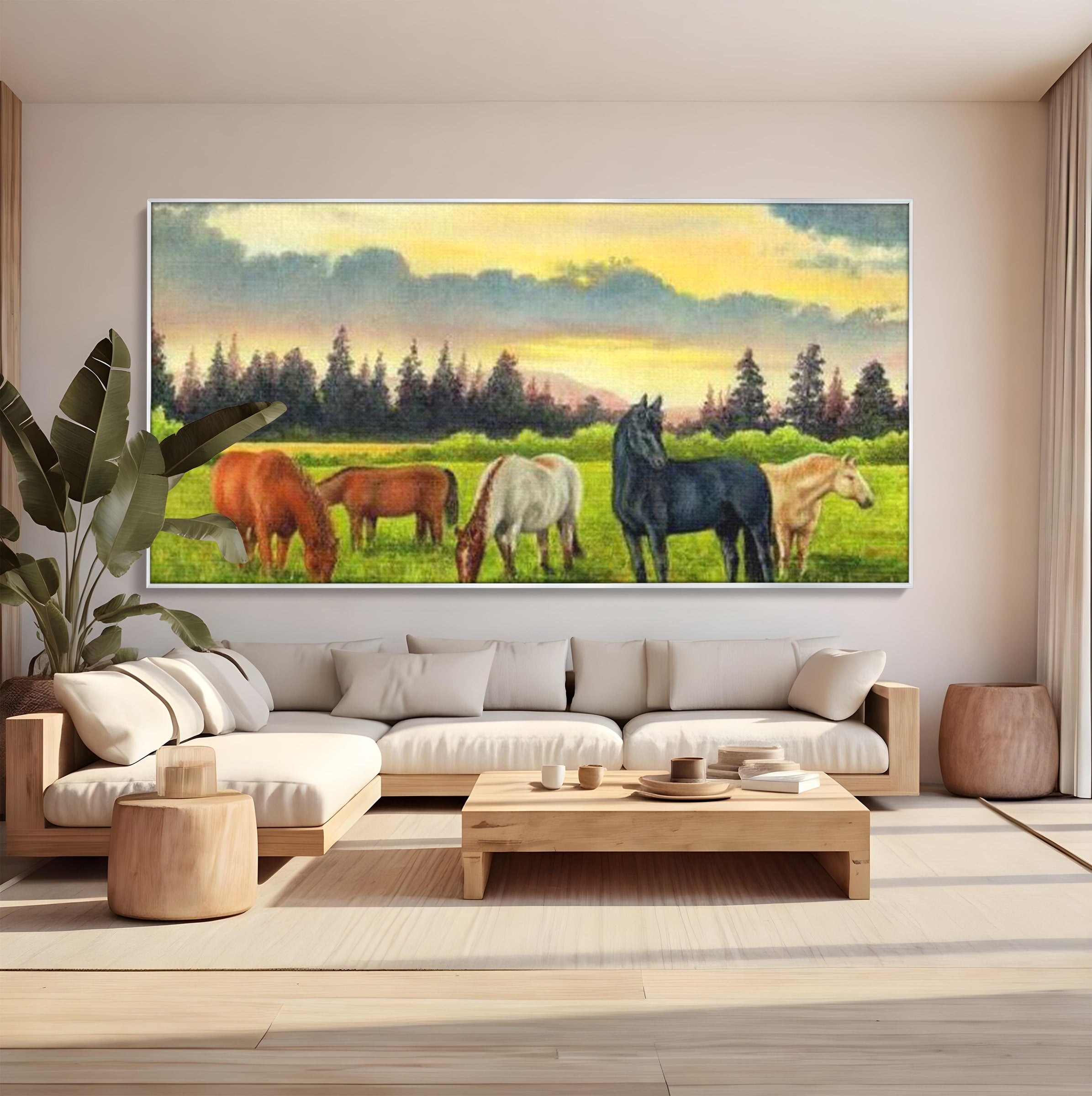 Tablou Canvas Premium LuxCanva® MI001, Cai In Apus Pastoral, Cai, Peisaj, Apus, Natura, Living, Dormitor, Culori Vibrante