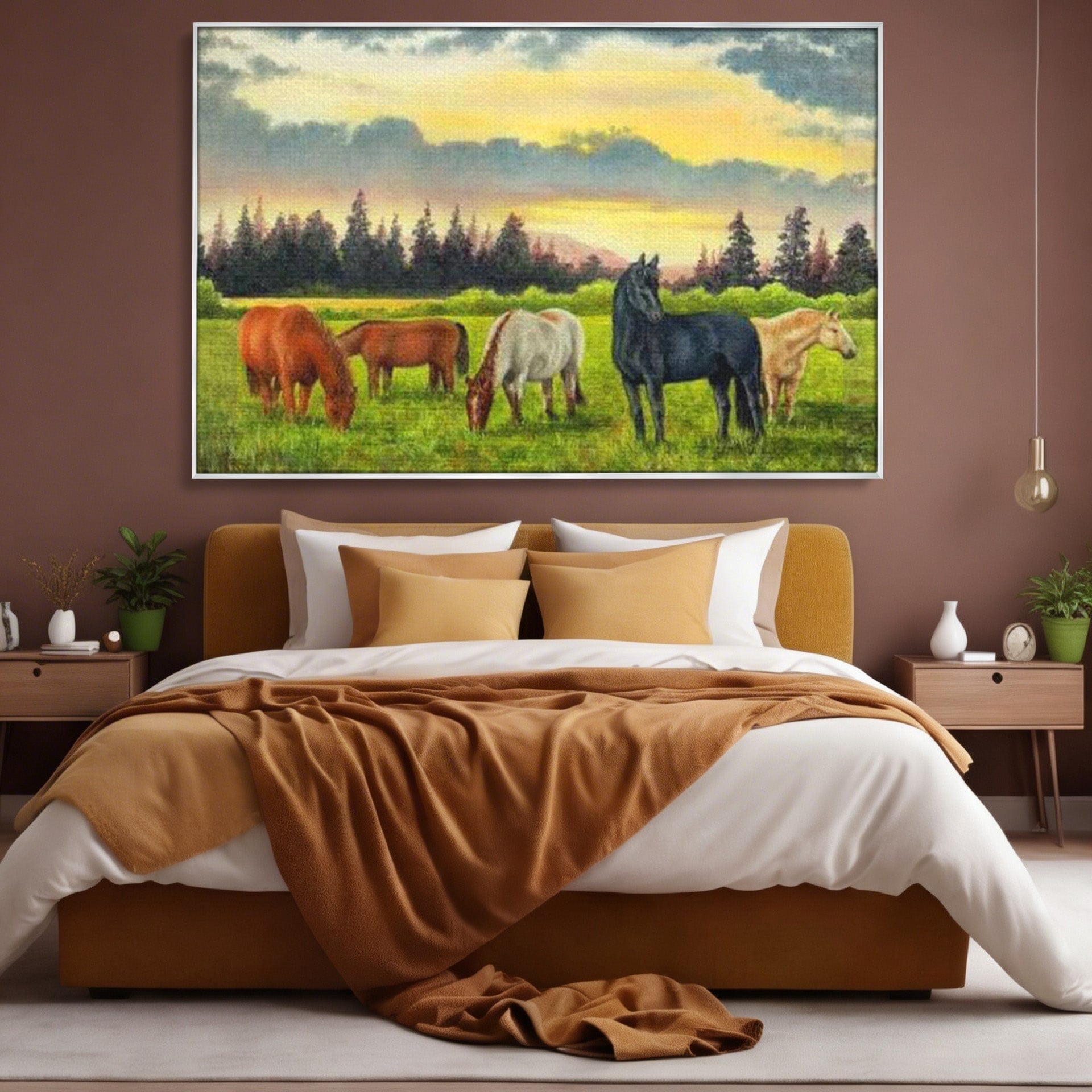 Tablou Canvas Premium LuxCanva® MI001, Cai In Apus Pastoral, Cai, Peisaj, Apus, Natura, Living, Dormitor, Culori Vibrante