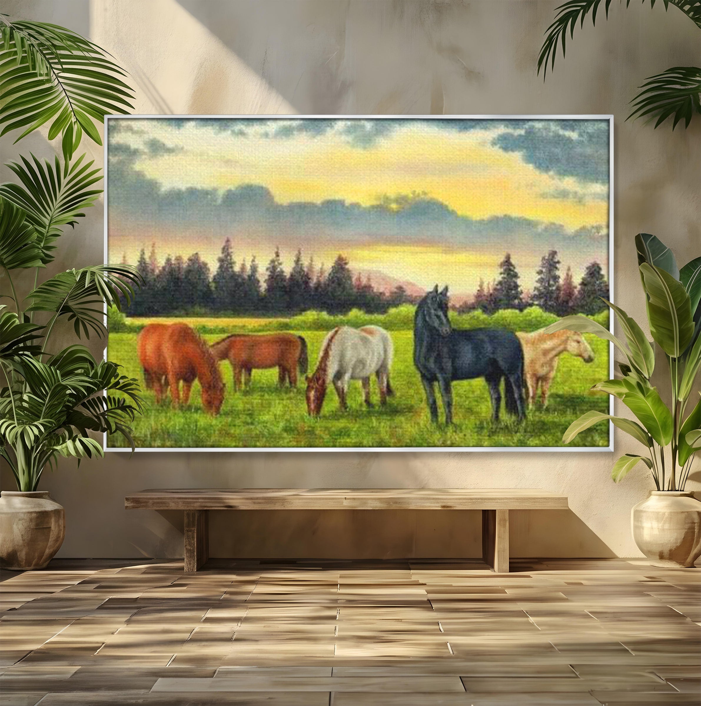 Tablou Canvas Premium LuxCanva® MI001, Cai In Apus Pastoral, Cai, Peisaj, Apus, Natura, Living, Dormitor, Culori Vibrante