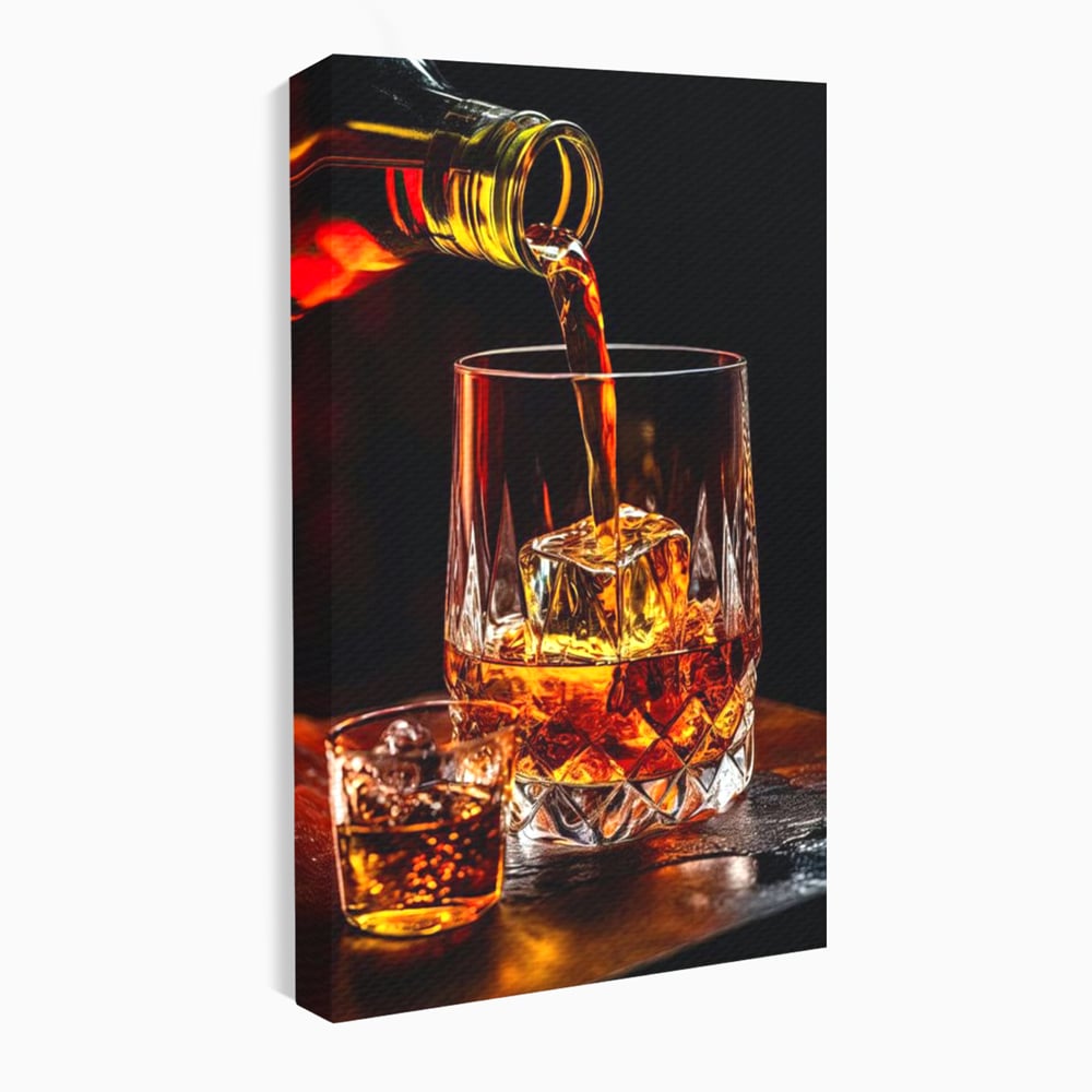 Premium-Leinwand Leinwand Wandkunst, LuxCanva® N1000, Whisky, Whisky, Getränk, Gläser, Eis, Cub, Verfeinerung, Luxus, Luxus, Verkostung, Lounge, Bar, Restaurant, Küche