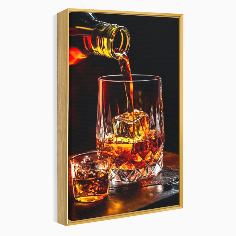 Premium-Leinwand Leinwand Wandkunst, LuxCanva® N1000, Whisky, Whisky, Getränk, Gläser, Eis, Cub, Verfeinerung, Luxus, Luxus, Verkostung, Lounge, Bar, Restaurant, Küche