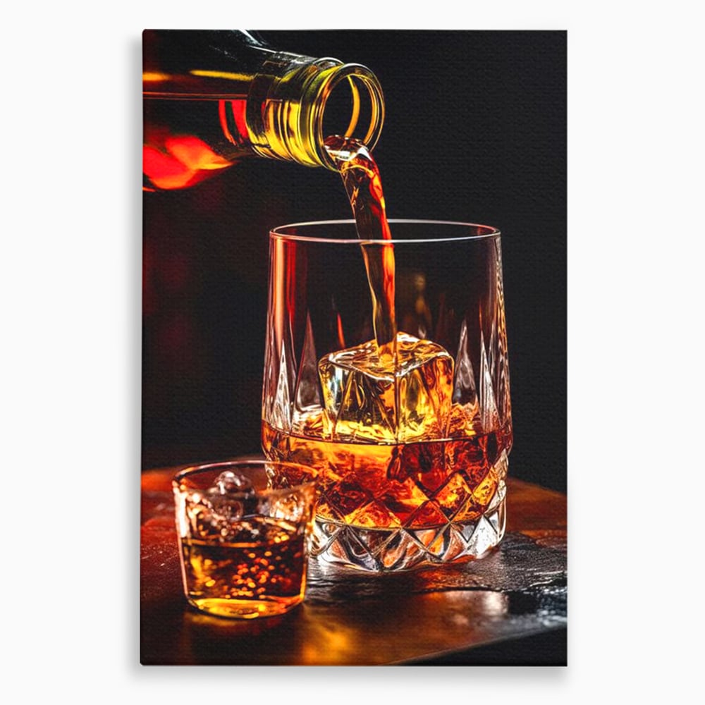 Premium-Leinwand Leinwand Wandkunst, LuxCanva® N1000, Whisky, Whisky, Getränk, Gläser, Eis, Cub, Verfeinerung, Luxus, Luxus, Verkostung, Lounge, Bar, Restaurant, Küche