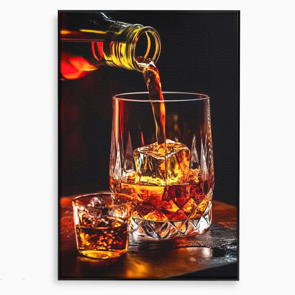 Premium-Leinwand Leinwand Wandkunst, LuxCanva® N1000, Whisky, Whisky, Getränk, Gläser, Eis, Cub, Verfeinerung, Luxus, Luxus, Verkostung, Lounge, Bar, Restaurant, Küche