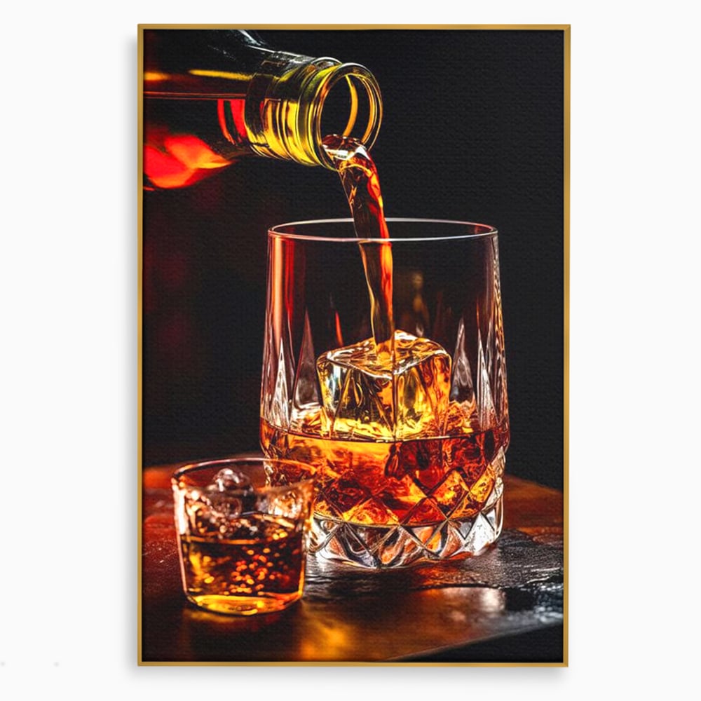 Premium-Leinwand Leinwand Wandkunst, LuxCanva® N1000, Whisky, Whisky, Getränk, Gläser, Eis, Cub, Verfeinerung, Luxus, Luxus, Verkostung, Lounge, Bar, Restaurant, Küche