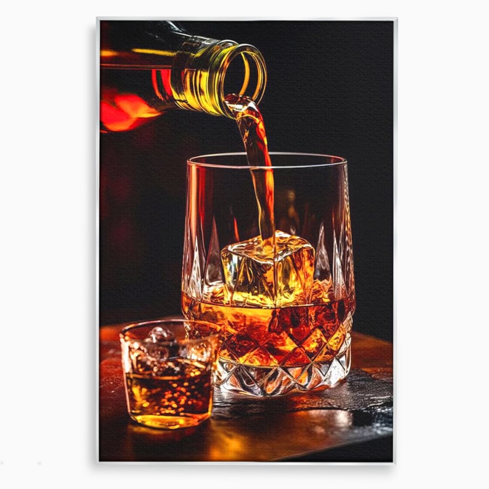 Premium-Leinwand Leinwand Wandkunst, LuxCanva® N1000, Whisky, Whisky, Getränk, Gläser, Eis, Cub, Verfeinerung, Luxus, Luxus, Verkostung, Lounge, Bar, Restaurant, Küche