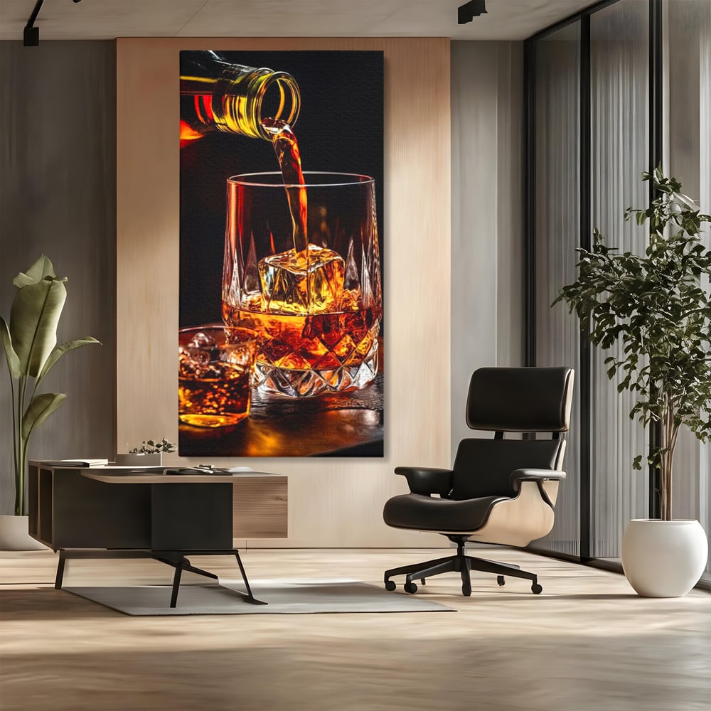 Premium-Leinwand Leinwand Wandkunst, LuxCanva® N1000, Whisky, Whisky, Getränk, Gläser, Eis, Cub, Verfeinerung, Luxus, Luxus, Verkostung, Lounge, Bar, Restaurant, Küche