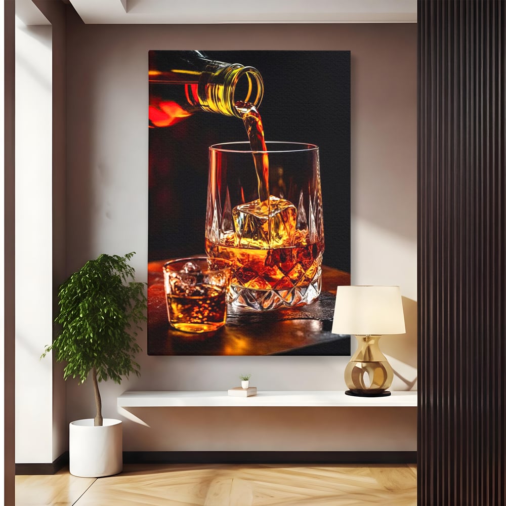 Premium-Leinwand Leinwand Wandkunst, LuxCanva® N1000, Whisky, Whisky, Getränk, Gläser, Eis, Cub, Verfeinerung, Luxus, Luxus, Verkostung, Lounge, Bar, Restaurant, Küche