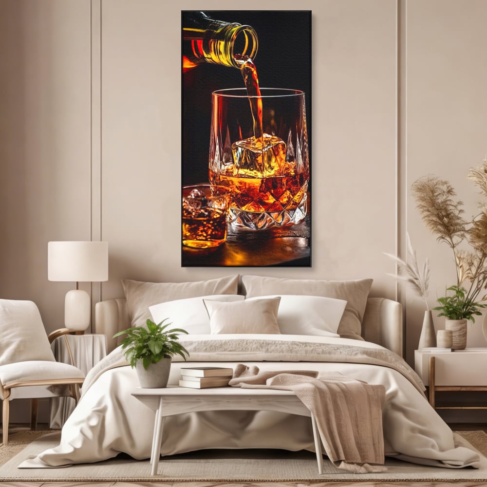 Premium-Leinwand Leinwand Wandkunst, LuxCanva® N1000, Whisky, Whisky, Getränk, Gläser, Eis, Cub, Verfeinerung, Luxus, Luxus, Verkostung, Lounge, Bar, Restaurant, Küche