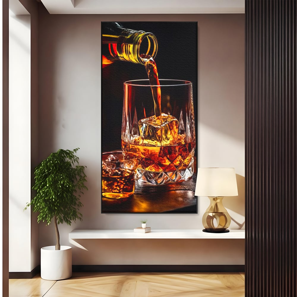 Premium-Leinwand Leinwand Wandkunst, LuxCanva® N1000, Whisky, Whisky, Getränk, Gläser, Eis, Cub, Verfeinerung, Luxus, Luxus, Verkostung, Lounge, Bar, Restaurant, Küche