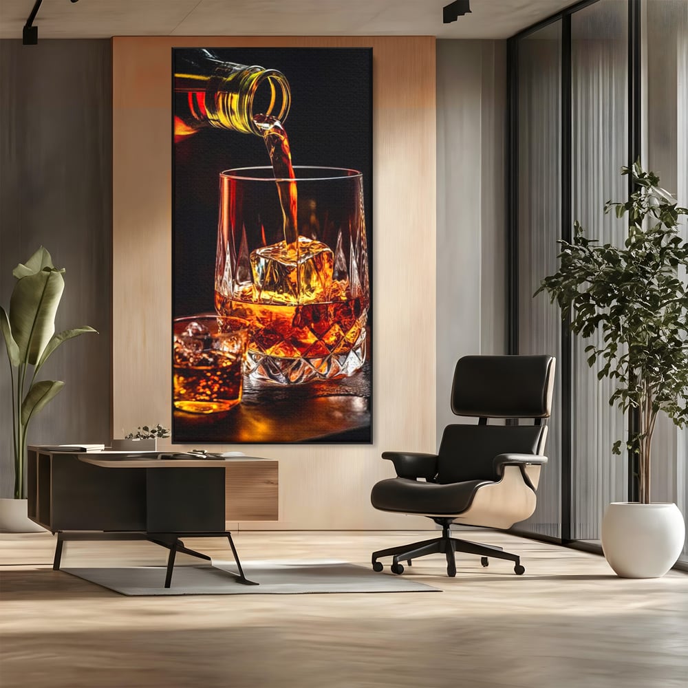 Premium-Leinwand Leinwand Wandkunst, LuxCanva® N1000, Whisky, Whisky, Getränk, Gläser, Eis, Cub, Verfeinerung, Luxus, Luxus, Verkostung, Lounge, Bar, Restaurant, Küche
