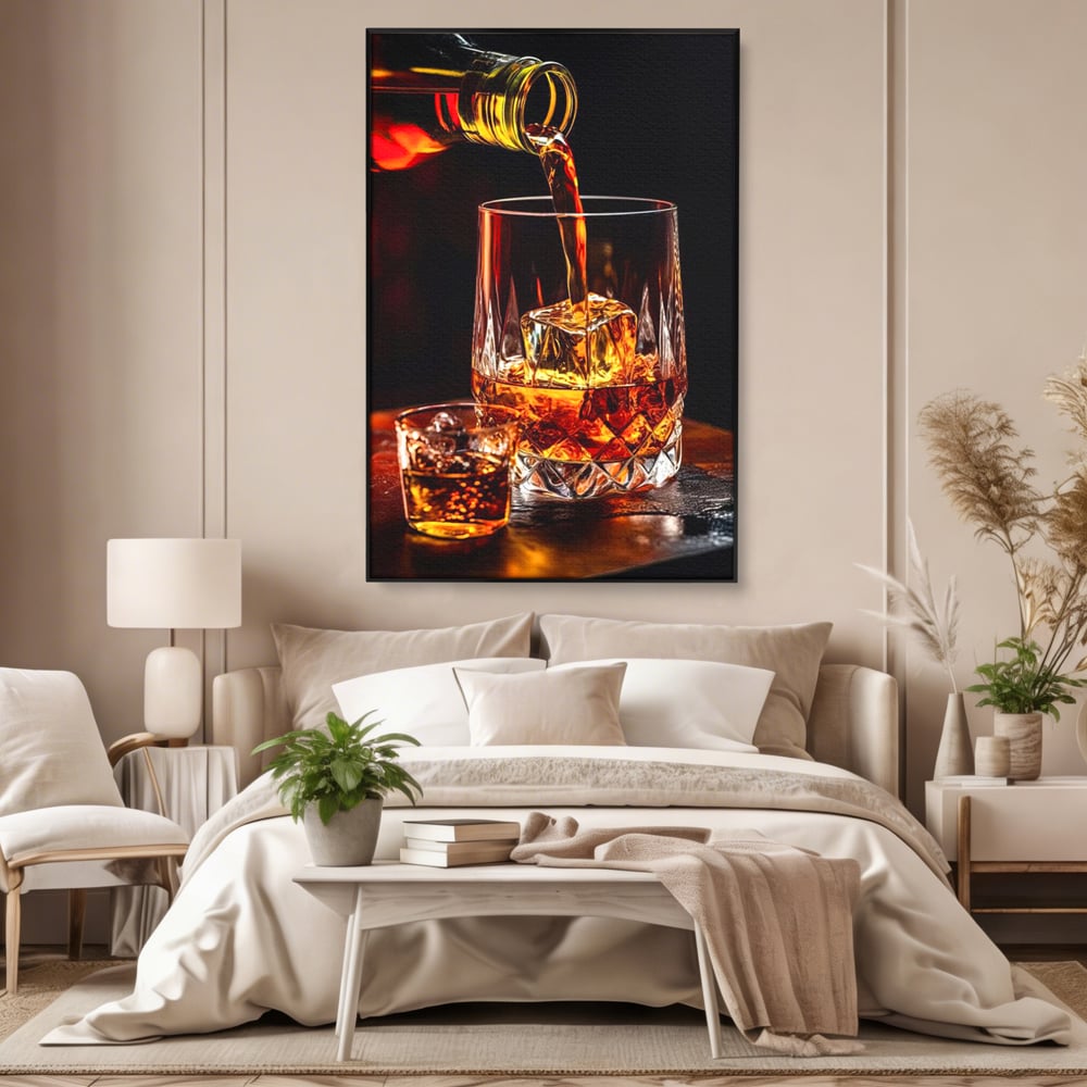 Premium-Leinwand Leinwand Wandkunst, LuxCanva® N1000, Whisky, Whisky, Getränk, Gläser, Eis, Cub, Verfeinerung, Luxus, Luxus, Verkostung, Lounge, Bar, Restaurant, Küche