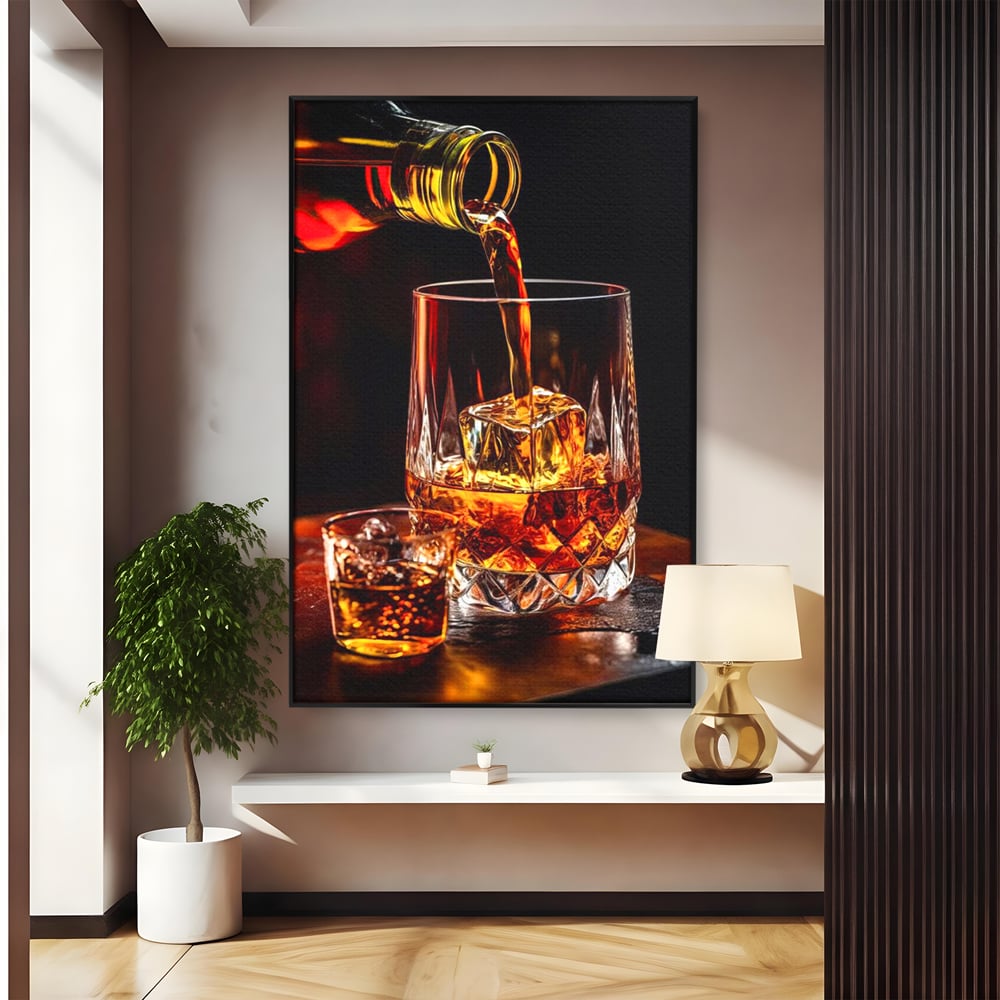 Premium-Leinwand Leinwand Wandkunst, LuxCanva® N1000, Whisky, Whisky, Getränk, Gläser, Eis, Cub, Verfeinerung, Luxus, Luxus, Verkostung, Lounge, Bar, Restaurant, Küche