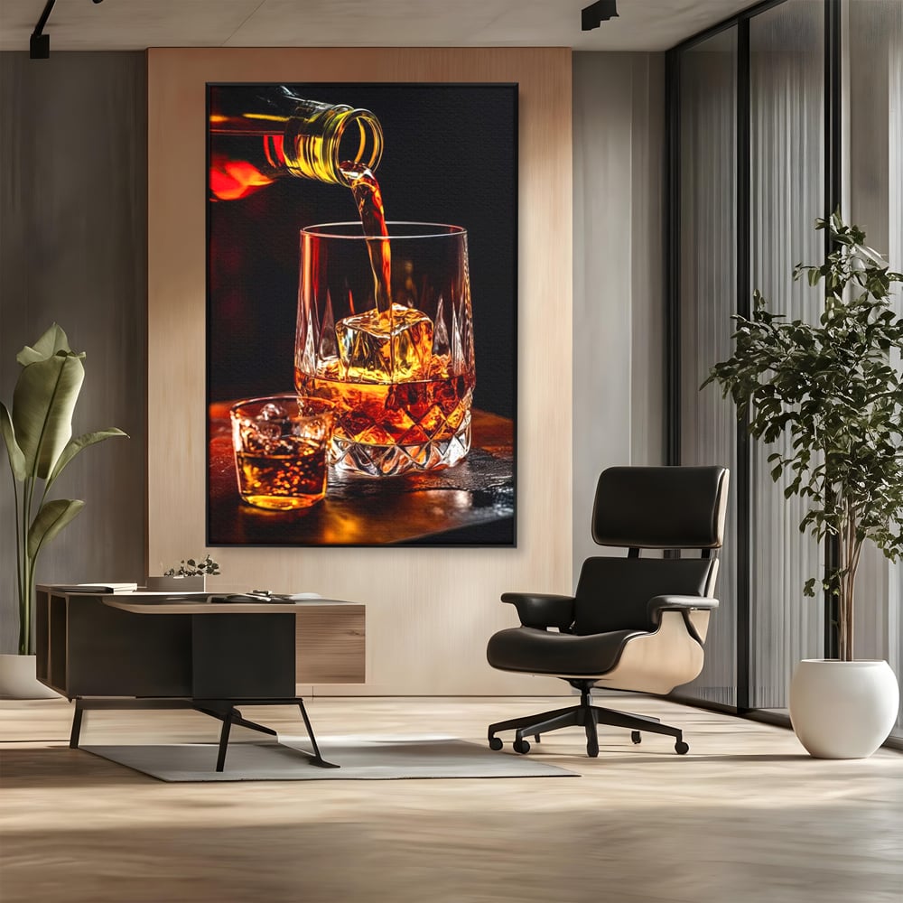 Premium-Leinwand Leinwand Wandkunst, LuxCanva® N1000, Whisky, Whisky, Getränk, Gläser, Eis, Cub, Verfeinerung, Luxus, Luxus, Verkostung, Lounge, Bar, Restaurant, Küche