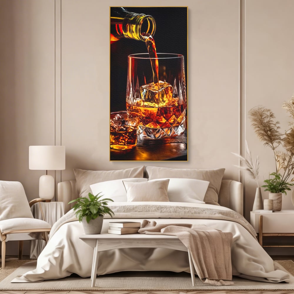 Premium-Leinwand Leinwand Wandkunst, LuxCanva® N1000, Whisky, Whisky, Getränk, Gläser, Eis, Cub, Verfeinerung, Luxus, Luxus, Verkostung, Lounge, Bar, Restaurant, Küche