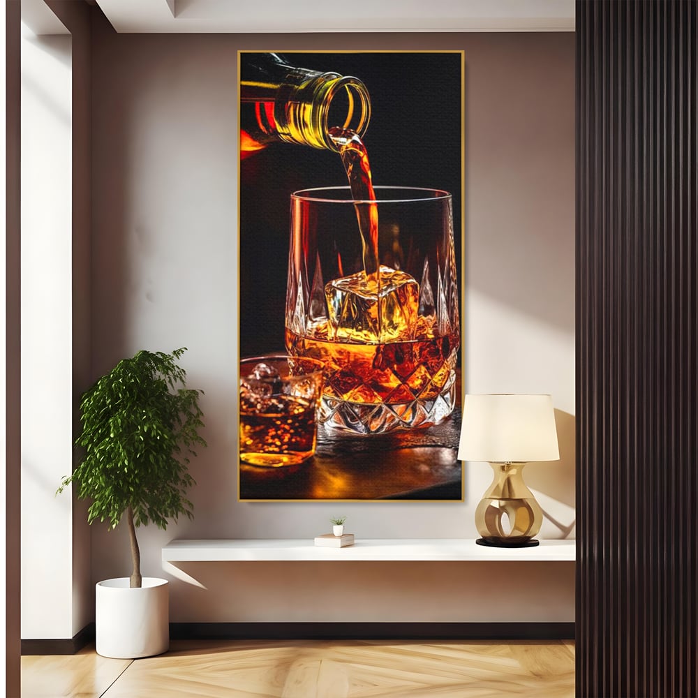 Premium-Leinwand Leinwand Wandkunst, LuxCanva® N1000, Whisky, Whisky, Getränk, Gläser, Eis, Cub, Verfeinerung, Luxus, Luxus, Verkostung, Lounge, Bar, Restaurant, Küche