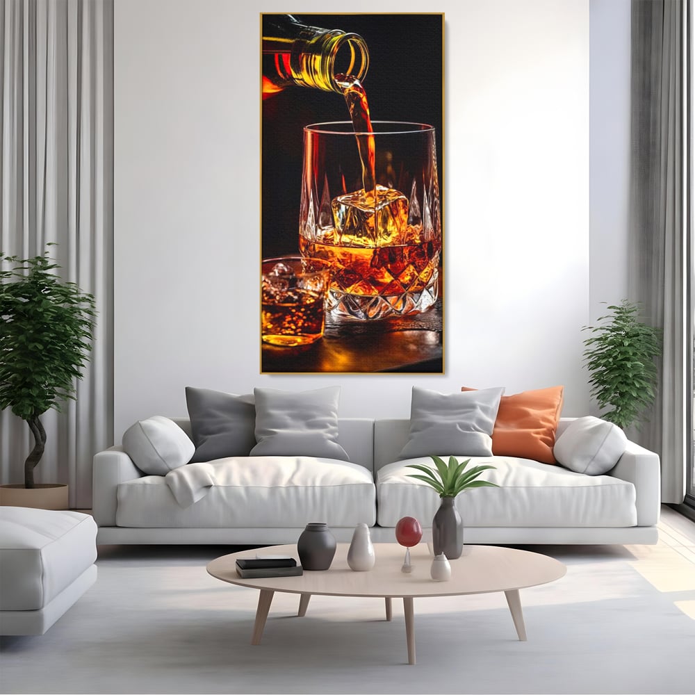 Premium-Leinwand Leinwand Wandkunst, LuxCanva® N1000, Whisky, Whisky, Getränk, Gläser, Eis, Cub, Verfeinerung, Luxus, Luxus, Verkostung, Lounge, Bar, Restaurant, Küche