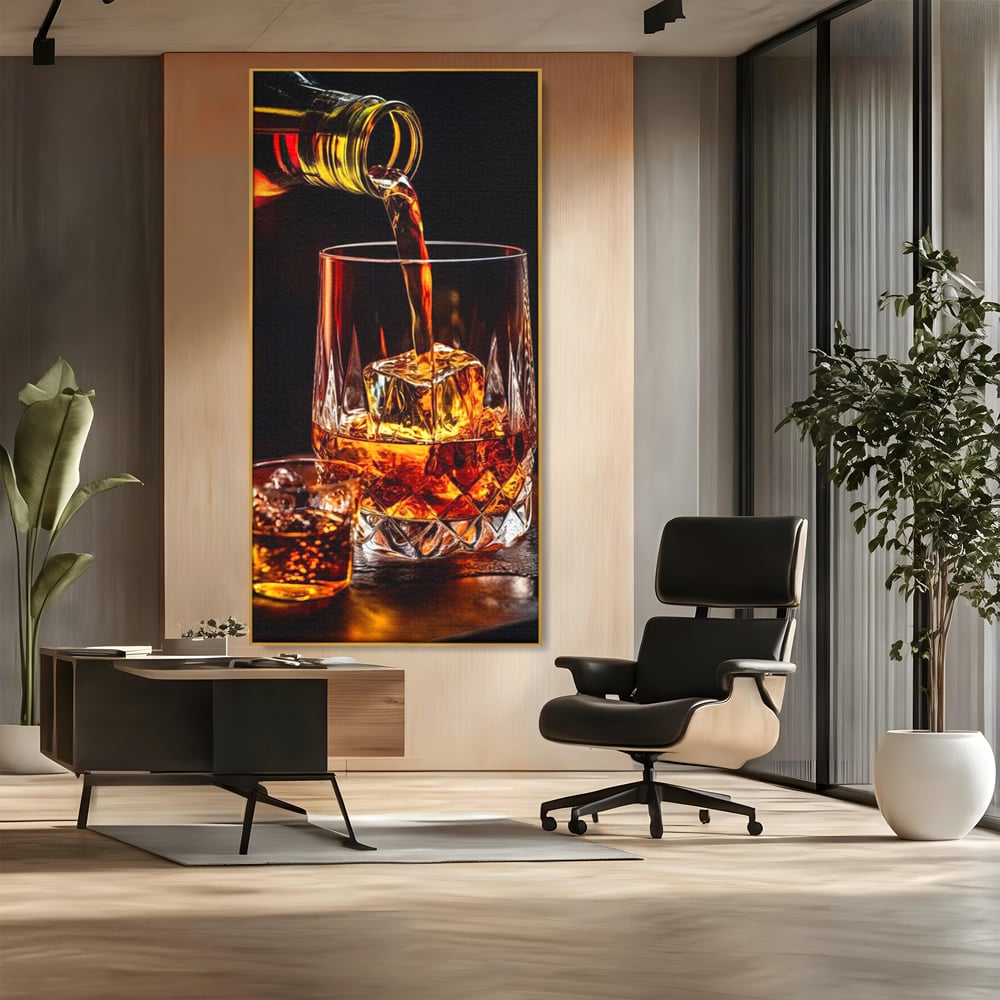 Premium-Leinwand Leinwand Wandkunst, LuxCanva® N1000, Whisky, Whisky, Getränk, Gläser, Eis, Cub, Verfeinerung, Luxus, Luxus, Verkostung, Lounge, Bar, Restaurant, Küche