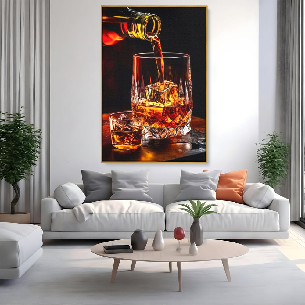Premium-Leinwand Leinwand Wandkunst, LuxCanva® N1000, Whisky, Whisky, Getränk, Gläser, Eis, Cub, Verfeinerung, Luxus, Luxus, Verkostung, Lounge, Bar, Restaurant, Küche