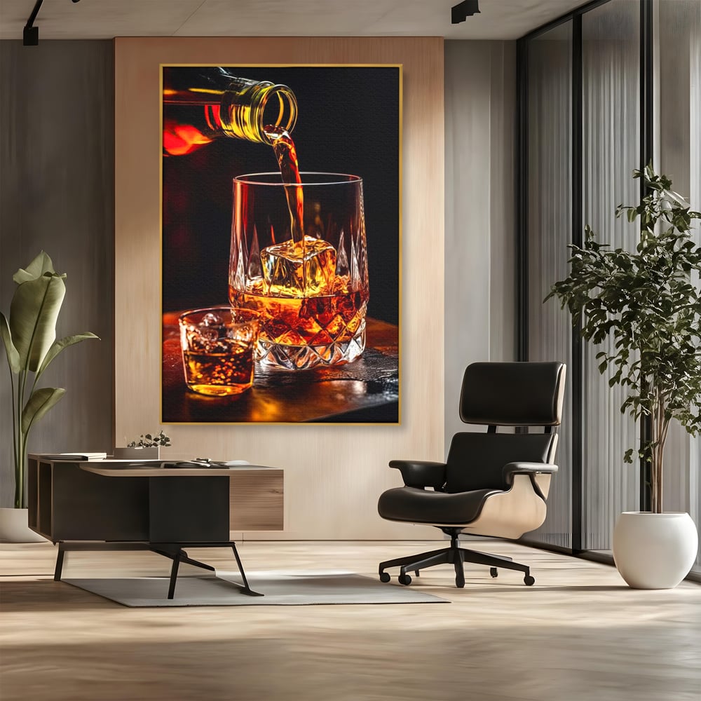 Premium-Leinwand Leinwand Wandkunst, LuxCanva® N1000, Whisky, Whisky, Getränk, Gläser, Eis, Cub, Verfeinerung, Luxus, Luxus, Verkostung, Lounge, Bar, Restaurant, Küche