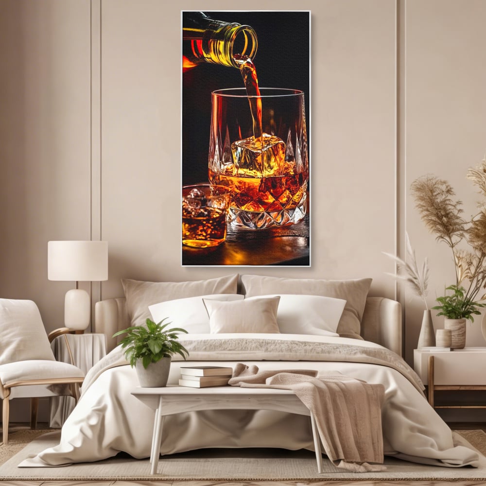 Premium-Leinwand Leinwand Wandkunst, LuxCanva® N1000, Whisky, Whisky, Getränk, Gläser, Eis, Cub, Verfeinerung, Luxus, Luxus, Verkostung, Lounge, Bar, Restaurant, Küche