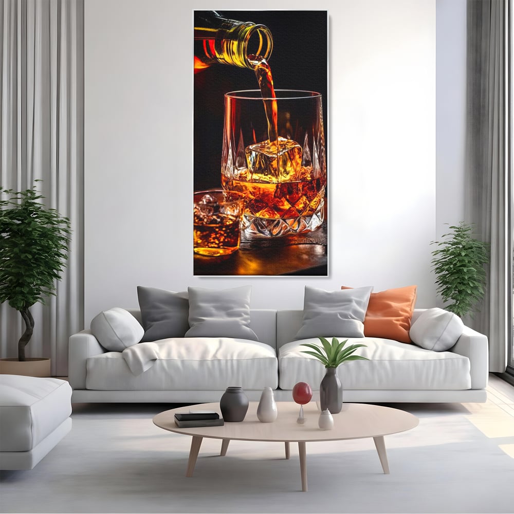 Premium-Leinwand Leinwand Wandkunst, LuxCanva® N1000, Whisky, Whisky, Getränk, Gläser, Eis, Cub, Verfeinerung, Luxus, Luxus, Verkostung, Lounge, Bar, Restaurant, Küche