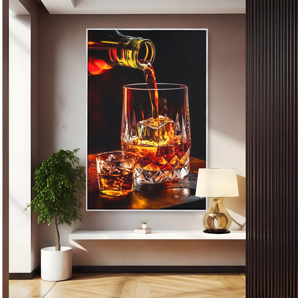 Premium-Leinwand Leinwand Wandkunst, LuxCanva® N1000, Whisky, Whisky, Getränk, Gläser, Eis, Cub, Verfeinerung, Luxus, Luxus, Verkostung, Lounge, Bar, Restaurant, Küche
