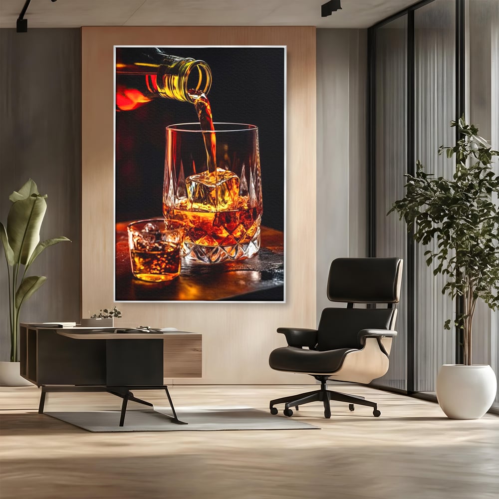 Premium-Leinwand Leinwand Wandkunst, LuxCanva® N1000, Whisky, Whisky, Getränk, Gläser, Eis, Cub, Verfeinerung, Luxus, Luxus, Verkostung, Lounge, Bar, Restaurant, Küche