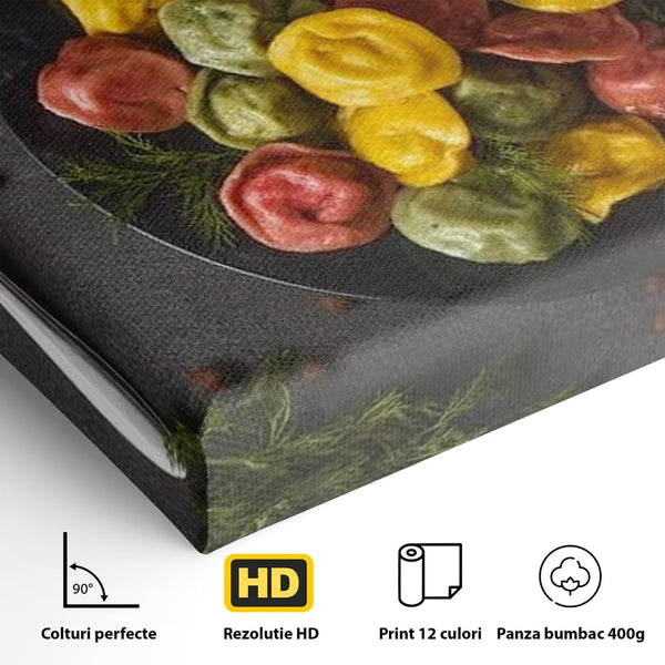 Leinwand Premium Canvas Wandbilder, LuxCanva® N1001, Farbenfreude, Pasta, Lebensmittel, Ravioli, Gastronomie, Teller, Gabel, Gabel, Italienisch, Geschmack, Gewürze, Restaurant, Küche