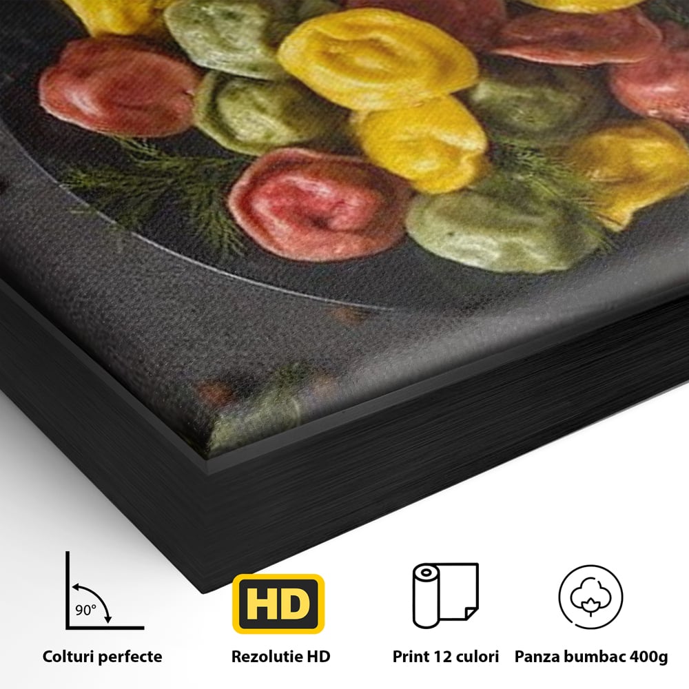 Leinwand Premium Canvas Wandbilder, LuxCanva® N1001, Farbenfreude, Pasta, Lebensmittel, Ravioli, Gastronomie, Teller, Gabel, Gabel, Italienisch, Geschmack, Gewürze, Restaurant, Küche