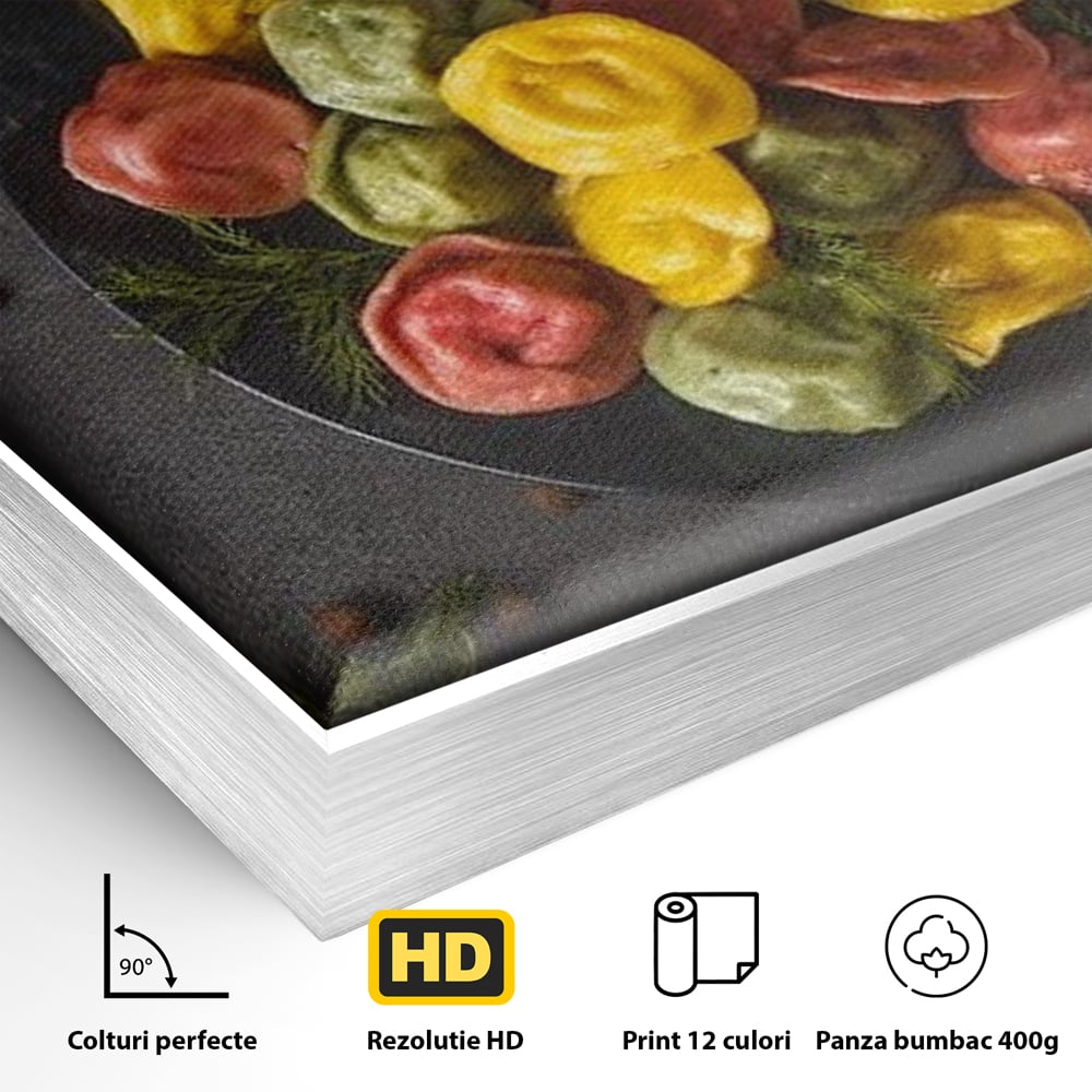 Leinwand Premium Canvas Wandbilder, LuxCanva® N1001, Farbenfreude, Pasta, Lebensmittel, Ravioli, Gastronomie, Teller, Gabel, Gabel, Italienisch, Geschmack, Gewürze, Restaurant, Küche