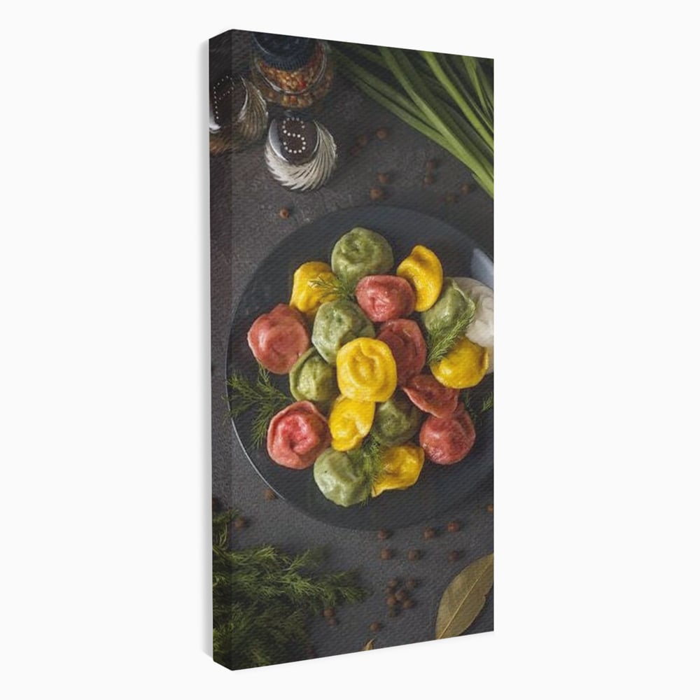 Leinwand Premium Canvas Wandbilder, LuxCanva® N1001, Farbenfreude, Pasta, Lebensmittel, Ravioli, Gastronomie, Teller, Gabel, Gabel, Italienisch, Geschmack, Gewürze, Restaurant, Küche