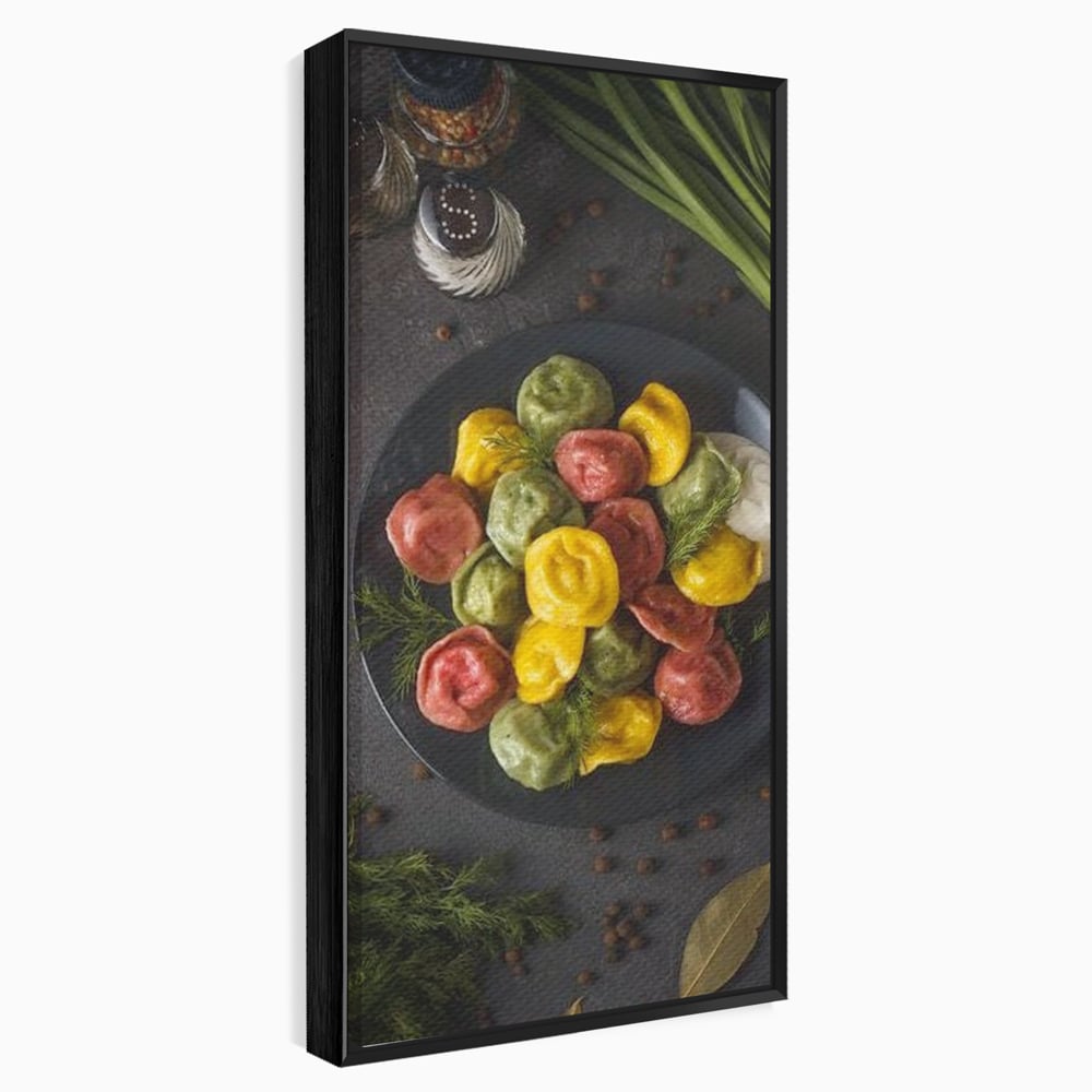 Leinwand Premium Canvas Wandbilder, LuxCanva® N1001, Farbenfreude, Pasta, Lebensmittel, Ravioli, Gastronomie, Teller, Gabel, Gabel, Italienisch, Geschmack, Gewürze, Restaurant, Küche