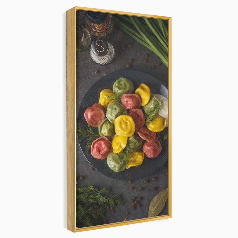 Leinwand Premium Canvas Wandbilder, LuxCanva® N1001, Farbenfreude, Pasta, Lebensmittel, Ravioli, Gastronomie, Teller, Gabel, Gabel, Italienisch, Geschmack, Gewürze, Restaurant, Küche