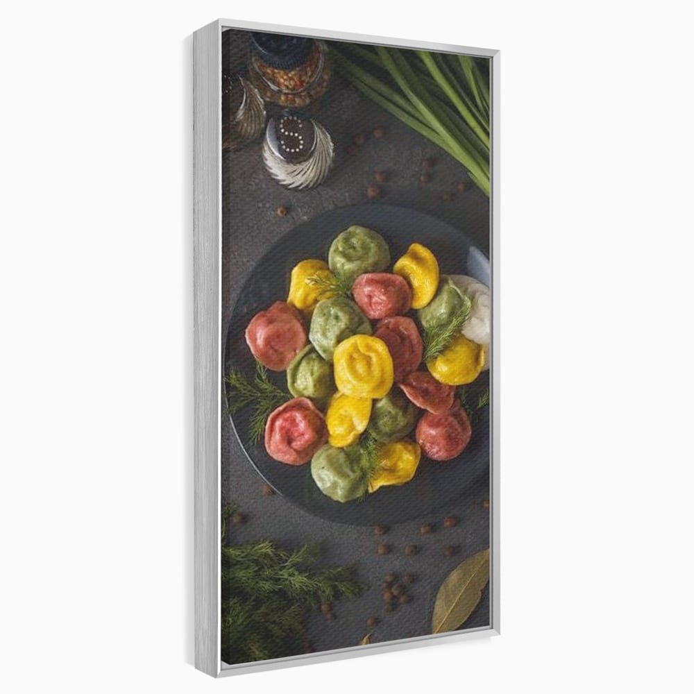 Leinwand Premium Canvas Wandbilder, LuxCanva® N1001, Farbenfreude, Pasta, Lebensmittel, Ravioli, Gastronomie, Teller, Gabel, Gabel, Italienisch, Geschmack, Gewürze, Restaurant, Küche