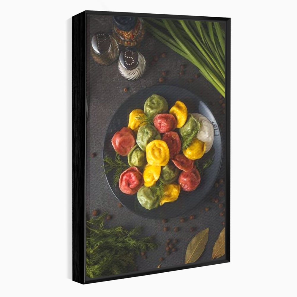 Leinwand Premium Canvas Wandbilder, LuxCanva® N1001, Farbenfreude, Pasta, Lebensmittel, Ravioli, Gastronomie, Teller, Gabel, Gabel, Italienisch, Geschmack, Gewürze, Restaurant, Küche