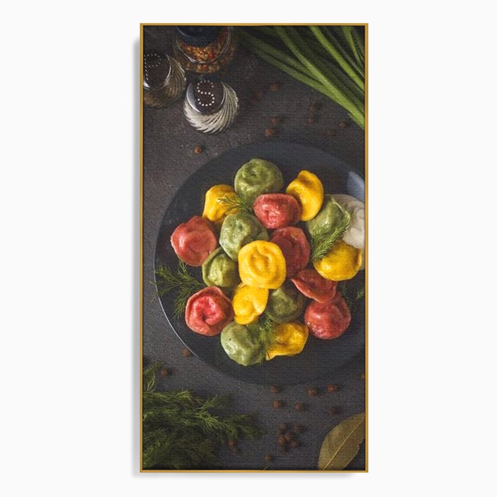 Leinwand Premium Canvas Wandbilder, LuxCanva® N1001, Farbenfreude, Pasta, Lebensmittel, Ravioli, Gastronomie, Teller, Gabel, Gabel, Italienisch, Geschmack, Gewürze, Restaurant, Küche