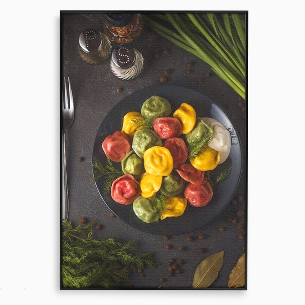 Leinwand Premium Canvas Wandbilder, LuxCanva® N1001, Farbenfreude, Pasta, Lebensmittel, Ravioli, Gastronomie, Teller, Gabel, Gabel, Italienisch, Geschmack, Gewürze, Restaurant, Küche
